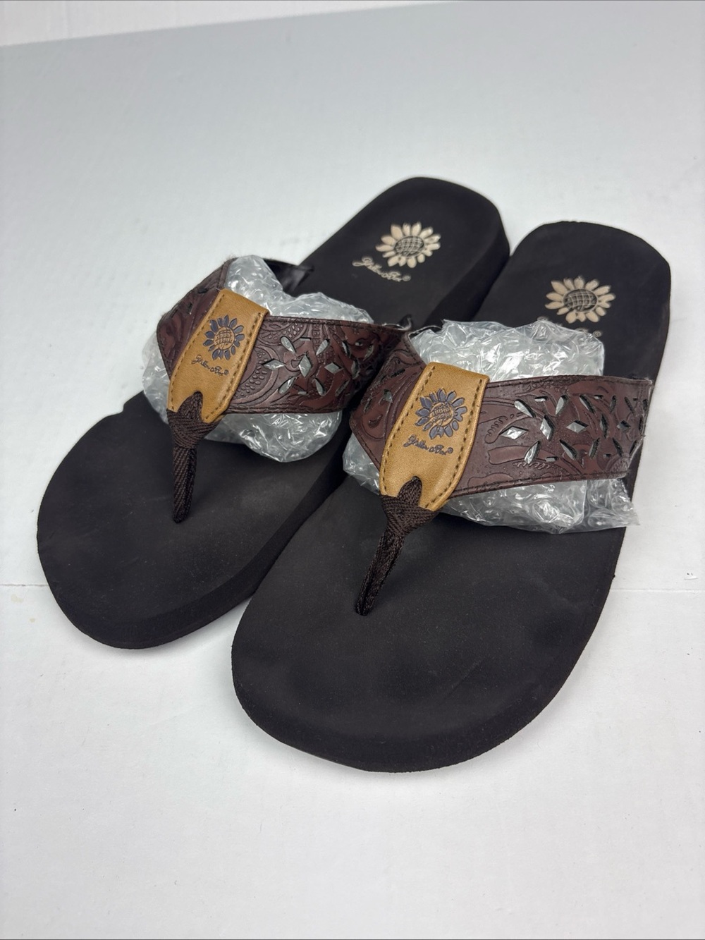 Yellow Box Women Size 9 Flip Flops Thongs Brown Tan Floral Cut Out Hippie Summer
